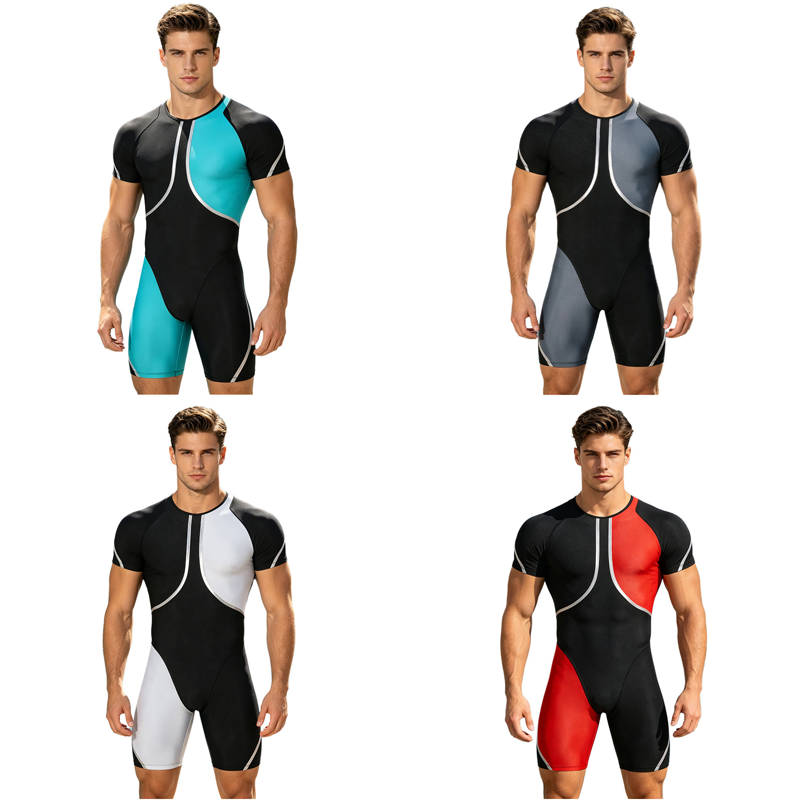 Wetsuit Men - ชุดว่ายน้ำวันพีซสำหรับผู้ชาย ชุดรัดรูปแขนสั้นแบบมีซิป ชุดว่ายน้ำสำหรับเล่นเซิร์ฟ ดำน้ำ ชายหาด สระว่ายน้ำ