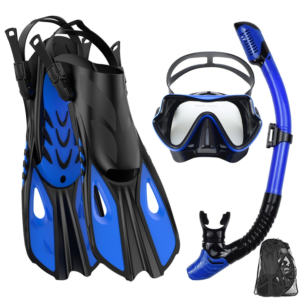 Diving Mask - ชุดดำน้ำตื้น หน้ากากดำน้ำและสน็อกเกิล ครีบดำน้ำสำหรับผู้ใหญ่พร้อมดีไซน์แบบเปิดส้นเท้าที่ปรับได้ สำหรับการว่ายน้ำฟรีสไตล์แบบมืออาชีพ